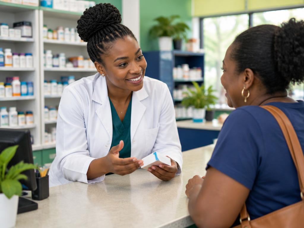 Pharmacist leaning across the counter, talking with a customer