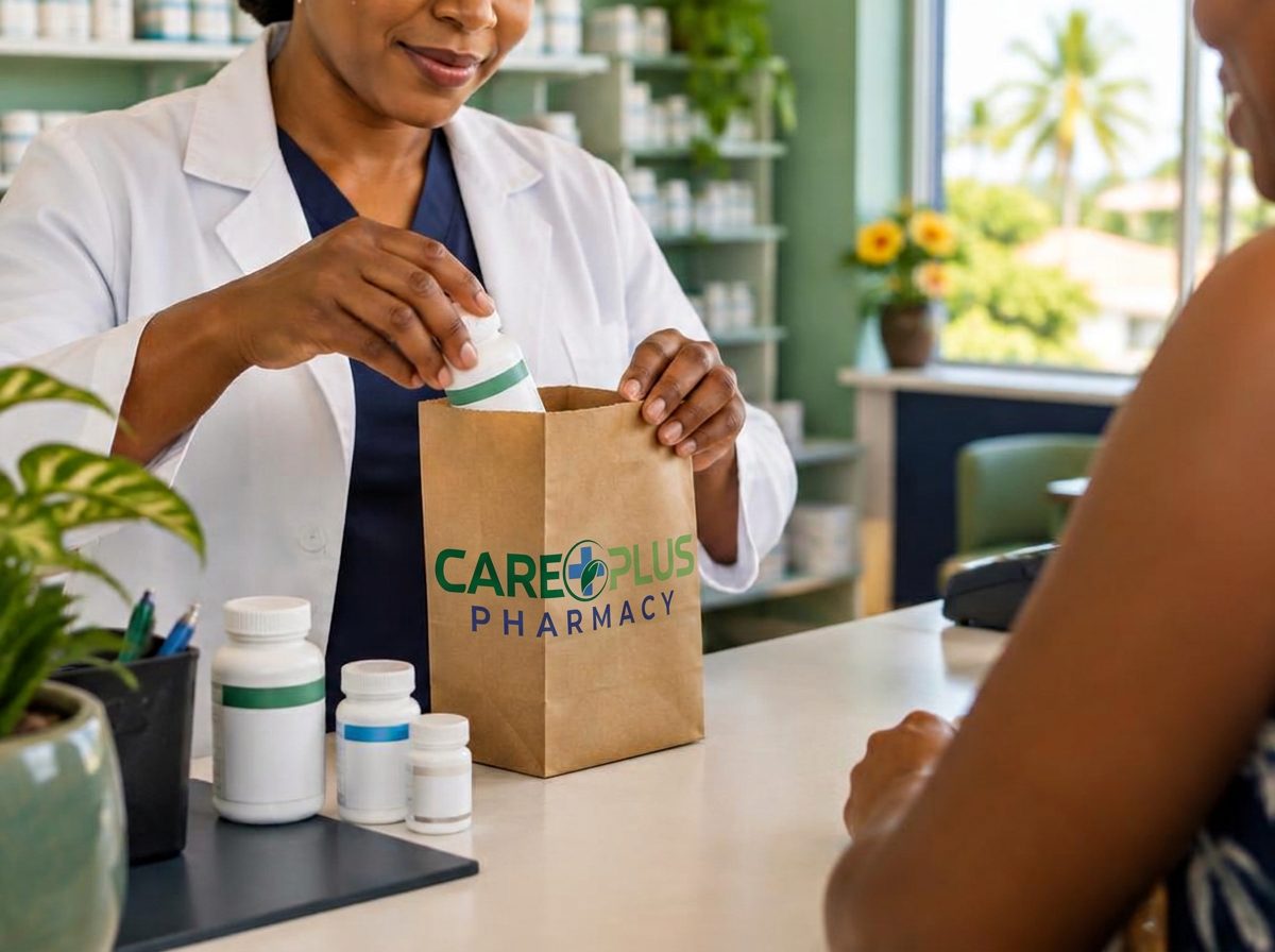Pharmacist's hands placing medicine bottles into a paper bag at the counter